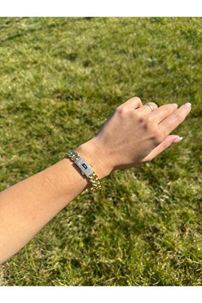 Luseda Taşlı Gurmet Çelik Kelepçe Gold VIP Bileklik Çap 6.5CM