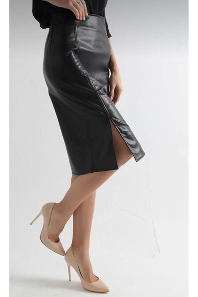 IŞILDA Dámské oblečení Černá mini štěrbinová kožená tužková sukně