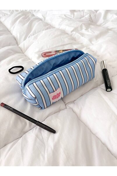 girlsybags Mavi Çizgili Tek Gözlü Kalemlik Yıkanabilir Fermuarlı Okul Mavi Kalem Kutusu