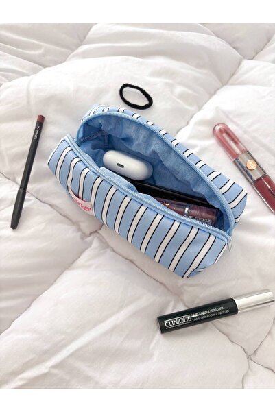 girlsybags Mavi Çizgili Tek Gözlü Kalemlik Yıkanabilir Fermuarlı Okul Mavi Kalem Kutusu