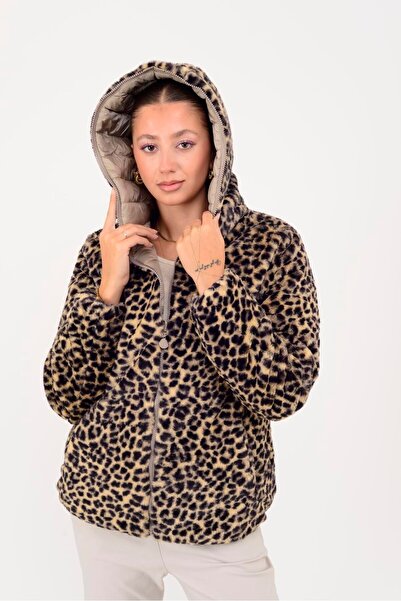 Butik Ayseba Park Moda Kadın Ekru Çift Taraflı Leoparlı İtalyan Kapitone Mont