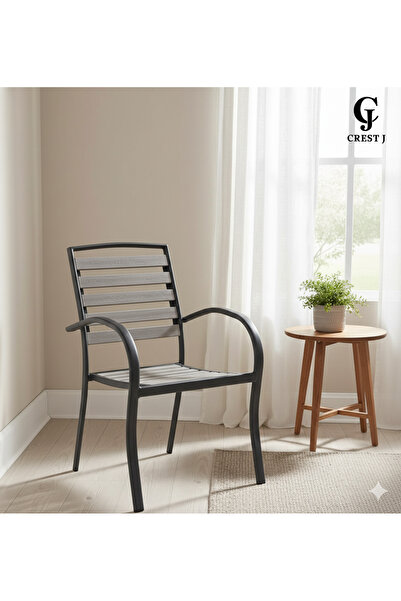 Crestj Metal Outdoor Dining Chairs with Industrial Wooden Slats - Grey