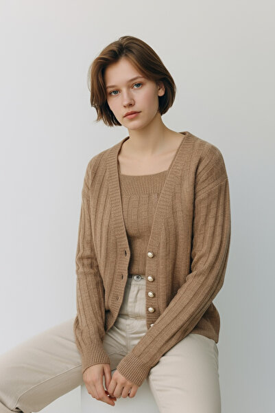 NEWCO Women's 2-Piece Knitwear Cardigan Set with Straps, Button Detail, Stylish and Comfortable, Suitable for Both Night and Office Style