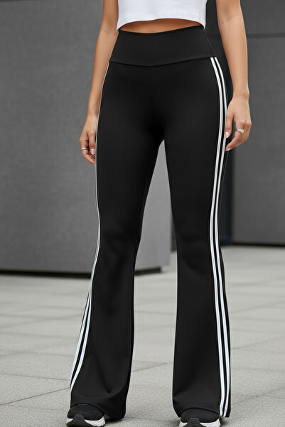 PASTELASTORE Colanți femei negri cu talie înaltă, dungi laterale și picioare evazate