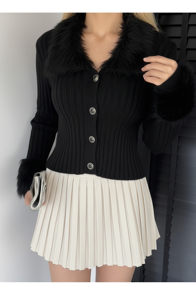 Mila Μαύρη ζακέτα με γούνινο λαιμό και μανίκια