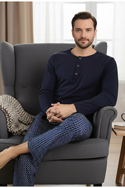 Bravie Σετ πιτζάμες από 100% βαμβακερό χτενισμένο βαμβάκι για άντρες με κουμπιά στο λαιμό 9705 Σκούρο μπλε ναυτικό