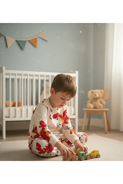 Arya Nisa Kids Boys' Fleece-Lined 100% Cotton Red Dinosaur Football Ball Figure Printed Pajama Set