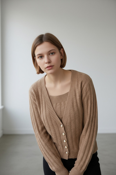 NEWCO Women's 2-Piece Knitwear Cardigan Set with Straps, Button Detail, Stylish and Comfortable, Suitable for Both Night and Office Style