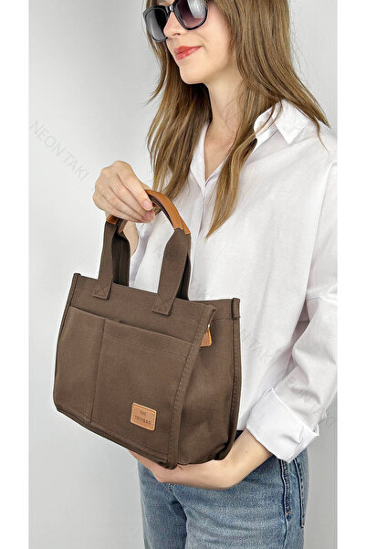 NE10 TAKI Canvas Fabric, Tote Hand and Shoulder Bag with Two Front Pockets Bitter Brown, 69