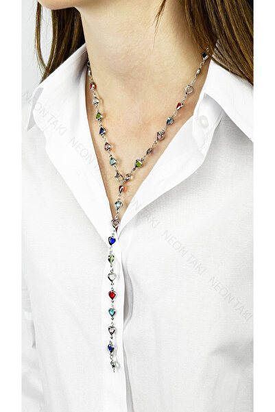 NE10 TAKI Y Necklace, with Stone, Multicolored, Heart, Necklace 433, Case Silver Color