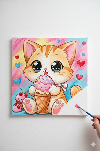 dudu ahşap OKUL Etkinliği 20x20 Resimli Tuval Çocuk Boyama Seti-Sevimli Kedi_model-4 resimli 3 boya 1 fırça