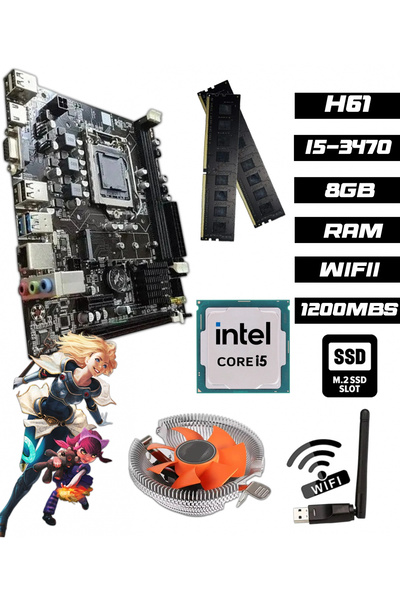 jetucuzal B8G i5-3470 3.60GHz 8GB RAM H61 WiFi CPU Fan Bundle Anakart Komple SET
