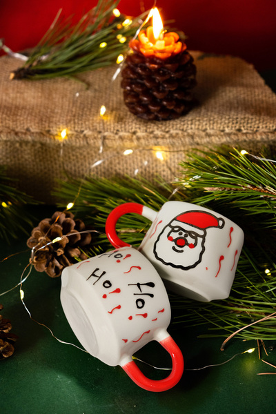 touchmughm El Yapımı Seramik 2'li Noel Baba Ağacı Kupası, Seramik Fincan, Double Türk Kahvesi, Hoho