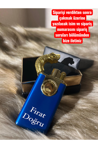 DOĞRU GRAFİK Kişiye Özel İsimli Çift Ateşli Timsah Figürlü Mavi Çakmak