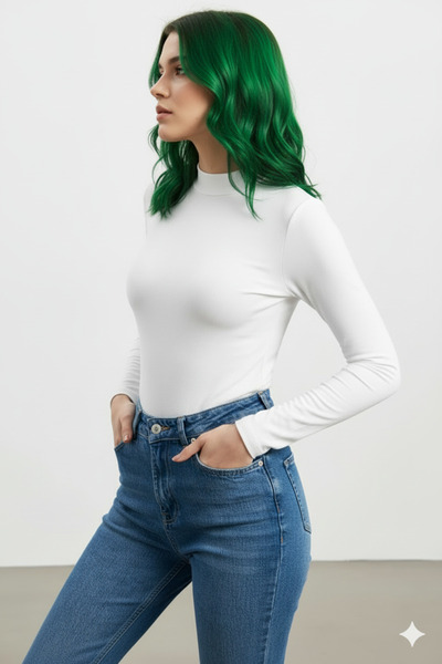 TRİYA FASHİON Women's White Long Sleeve Turtleneck Badi