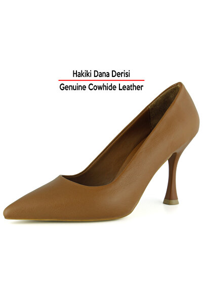 Erkan Saçmacı Suzanna Taba Genuine Cowhide Leather Pointed Toe Classic Thin Heeled Shoes