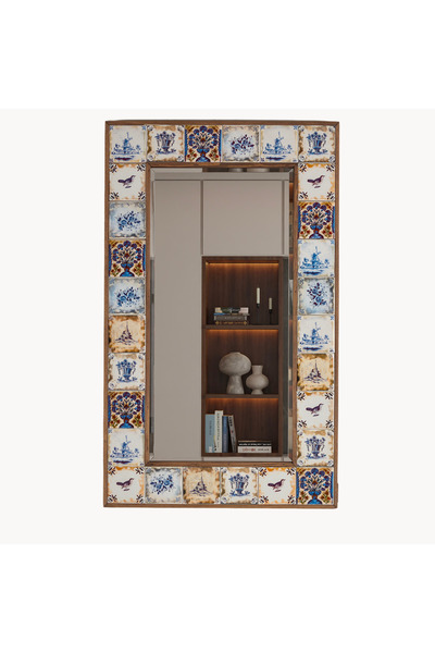 bluecape Selanik Etnik Çini Seramik Ceviz 60x100 cm Doğal Ağaç Çerçeveli Duva...