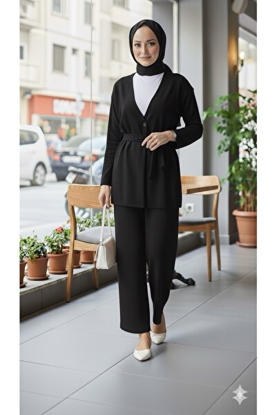 Marina Trend Set Kimona cu centură neagră (Jachetă Hijab Cardigan Set pantalo...