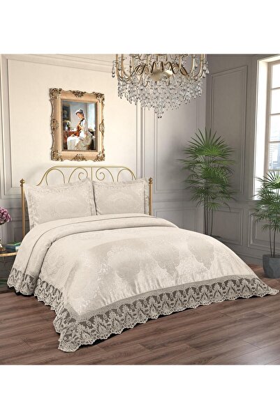 Lady London Paris Nakışlı Şönil 3 Parça Çift Kişilik Yatak Örtüsü- Krem
