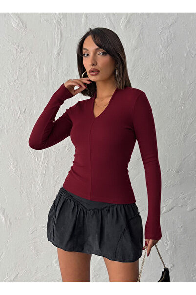 peralist Women's Modal Rib Fabric V-Neck Long Sleeve Blouse