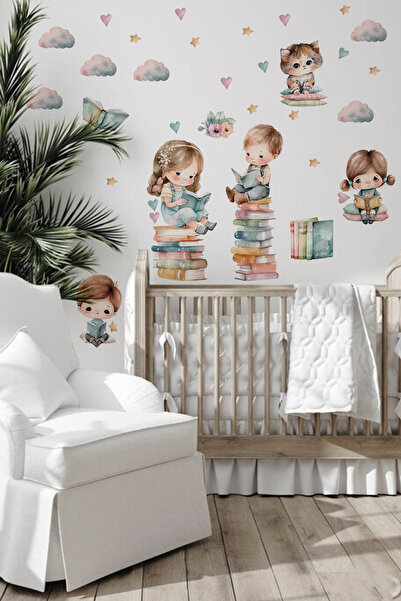 TUGİBU Children's Room Wall Sticker Set, Children Reading Books Wall Decor, Cute Kids Sticker Set