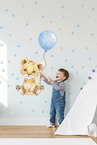 KT Decor Balonlu Sevimli Aslan Ve Yıldızlar Pastel Renk Çocuk Odası Duvar Sti...