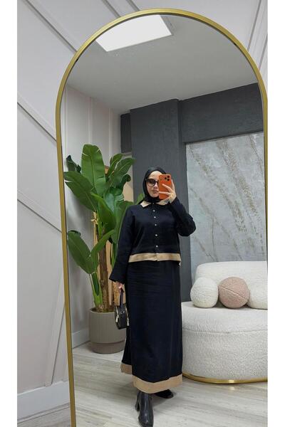 Touche %100 Pamuklu Dokulu Gömlek Etek Takım Siyah