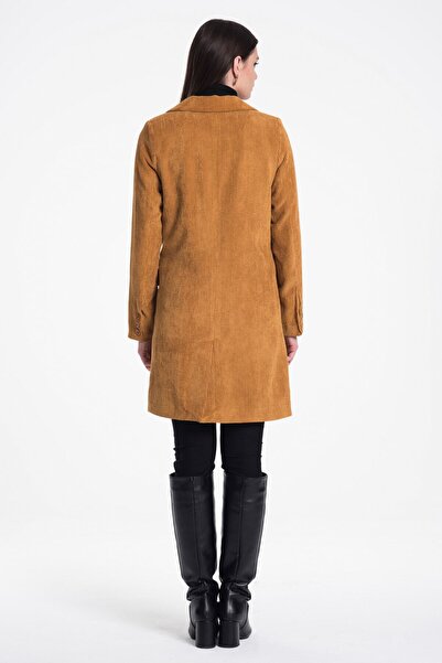 Pitti Women's Mustard Velvet Double Breasted Long Jacket 70573