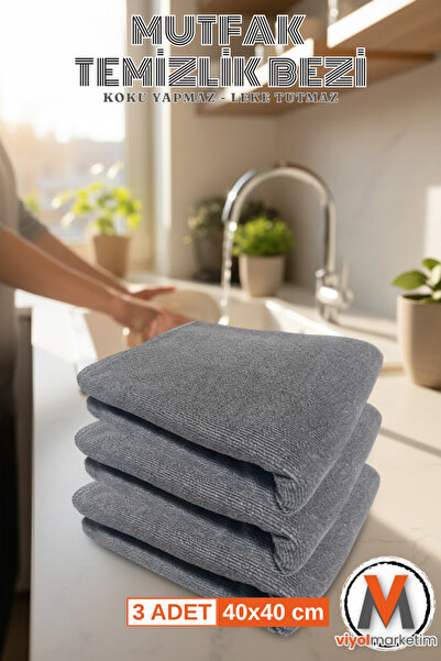 viyolmarketim 3'lü Mikrofiber Mutfak Temizlik Bezi 40x40 Cm – Leke Tutmaz, Em...