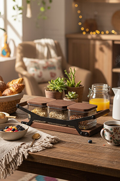 Snippy Grade Bella Kare 4 Parça Tepsili Ahşap Vakumlu Kapaklı Tepsili Cam Kah...