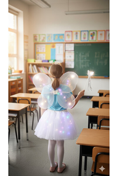 Beryka LED Işıklı Kelebekli Çocuk Kostümü - 4 Parça Beyaz