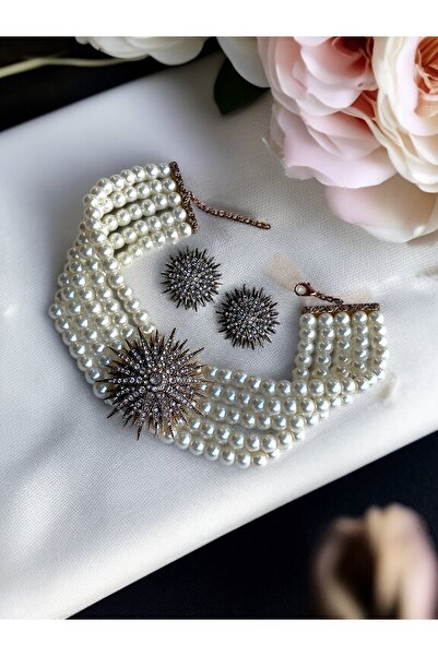 FAYRA ACCESSORIES Kristal Taşlı Kestane Figür İnci Kolye ve Küpe Seti