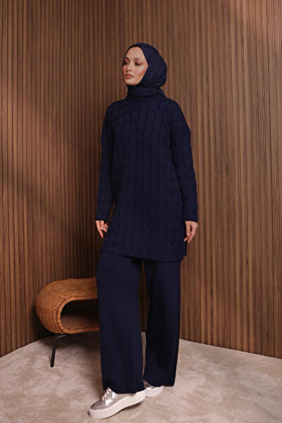 Balenbi Women's Oversized Hair Braid Pattern Trouser Hijab Knitwear Set 1135