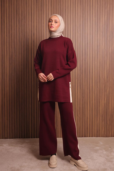 Balenbi Women's Oversized Plain Weave Slit Hijab Knitwear Set 1136