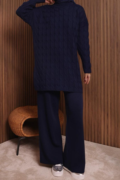 Balenbi Women's Oversized Hair Braid Pattern Trouser Hijab Knitwear Set 1135