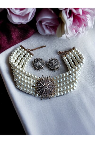 FAYRA ACCESSORIES Kristal Taşlı Kestane Figür İnci Kolye ve Küpe Seti