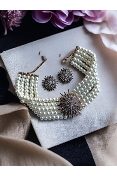 FAYRA ACCESSORIES Kristal Taşlı Kestane Figür İnci Kolye ve Küpe Seti