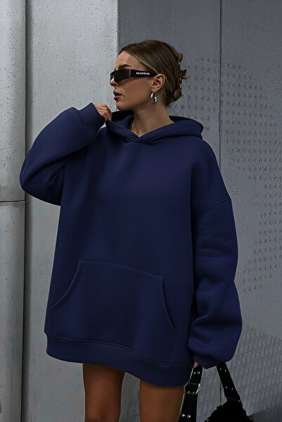 GUARAZ Μπλε ναυτικό χρώμα, μαλακό ύφασμα, φούτερ με κουκούλα, φούτερ με κουκούλα με εσωτερική επένδυση από φλις