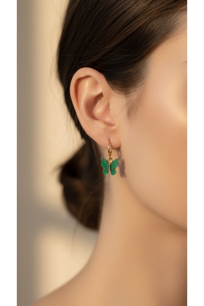 Anziano bijuteri Kadın Yeşil Renkli Yeil Taşlı Zarif Kelebek Küpe