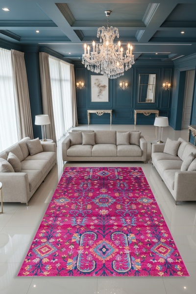 Kessy Home Studio Auera Fuşya Mavi Çiçek Desenli Yıkanabilir Kaymaz Dot Taban Halı Renkli Modern Salon Halısı Mutfak