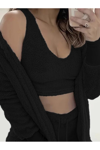 Asil Acar Home Women's Long Sleeve Jacket, Sling Plush Blouse and Shorts Three-Piece Set