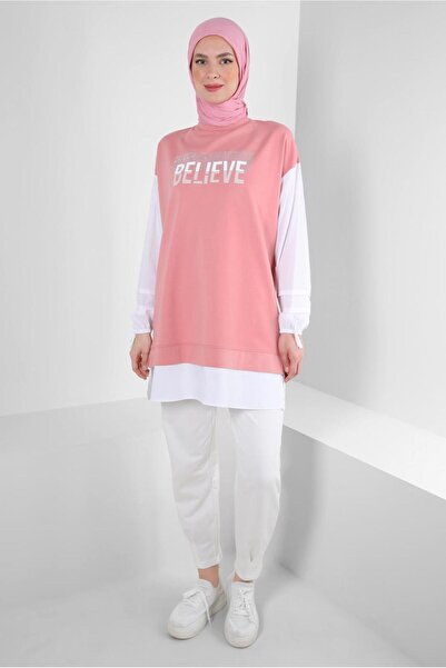 Alvina 43664 Model Text Printed and Garnished Tracksuit Tunic