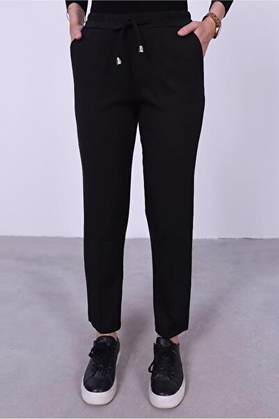TRENDTESETTÜR Women's Black Elastic Waist Straight Cut Pants T 10001