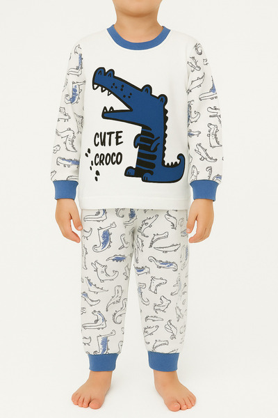 Jasminya Boy's Navy Blue Crocodile Patterned Cotton Long Sleeve Pajama Set