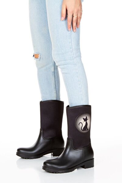 Sea&Blue Kedi Silüeti Baskılı Su Geçirmeyen Kısa Kadın Yağmur Çizmesi