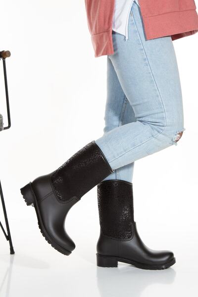 Sea&Blue Чорні водонепроникні зручні дощові чоботи з леопардовим візерунком - 4005