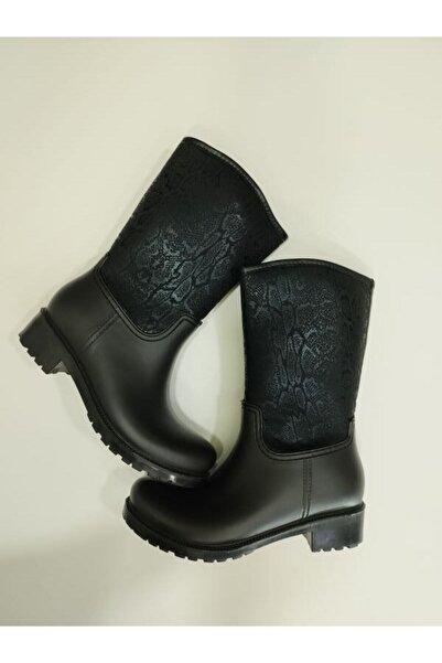 Sea&Blue Μαύρο μποτάκι με μοτίβο φιδιού, αδιάβροχο, άνετο στη χρήση Rain Boots-4003