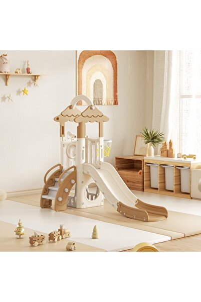 FULLJOY زحليقة داخلية قائمة بذاتها مع بيت لعب للأطفال من عمر سنة إلى سنتين، لونها بني فاتح، مزودة بذراع