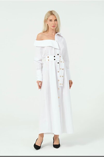 Kübra özbey boutıque Tek omzu açık kemerli gold düğmeli gömlek elbise