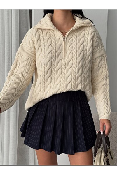 QUSTYLE Pulover de damă, cu fermoar, cu guler, cu model de împletitură de păr...